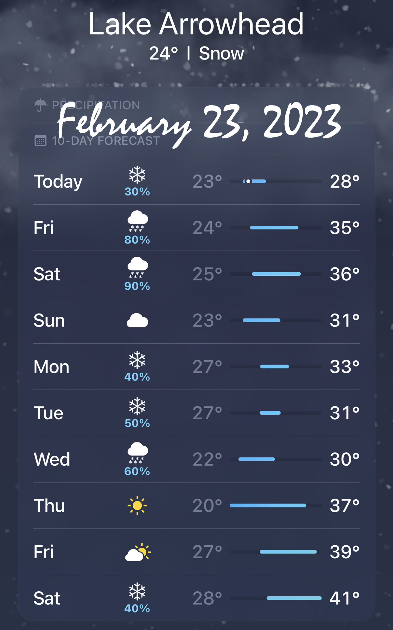 weather forecast app screenshot from lake arrowhead winter storm blizzard in the san Bernardino mountains