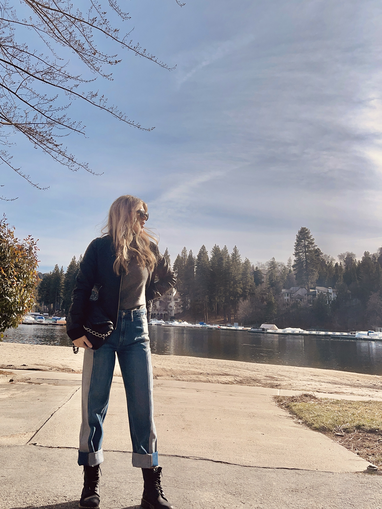 winter style, jeans and leather, denim and leather, faux leather bomber jacket, two-toned jeans, dr martens, lake arrowhead bay