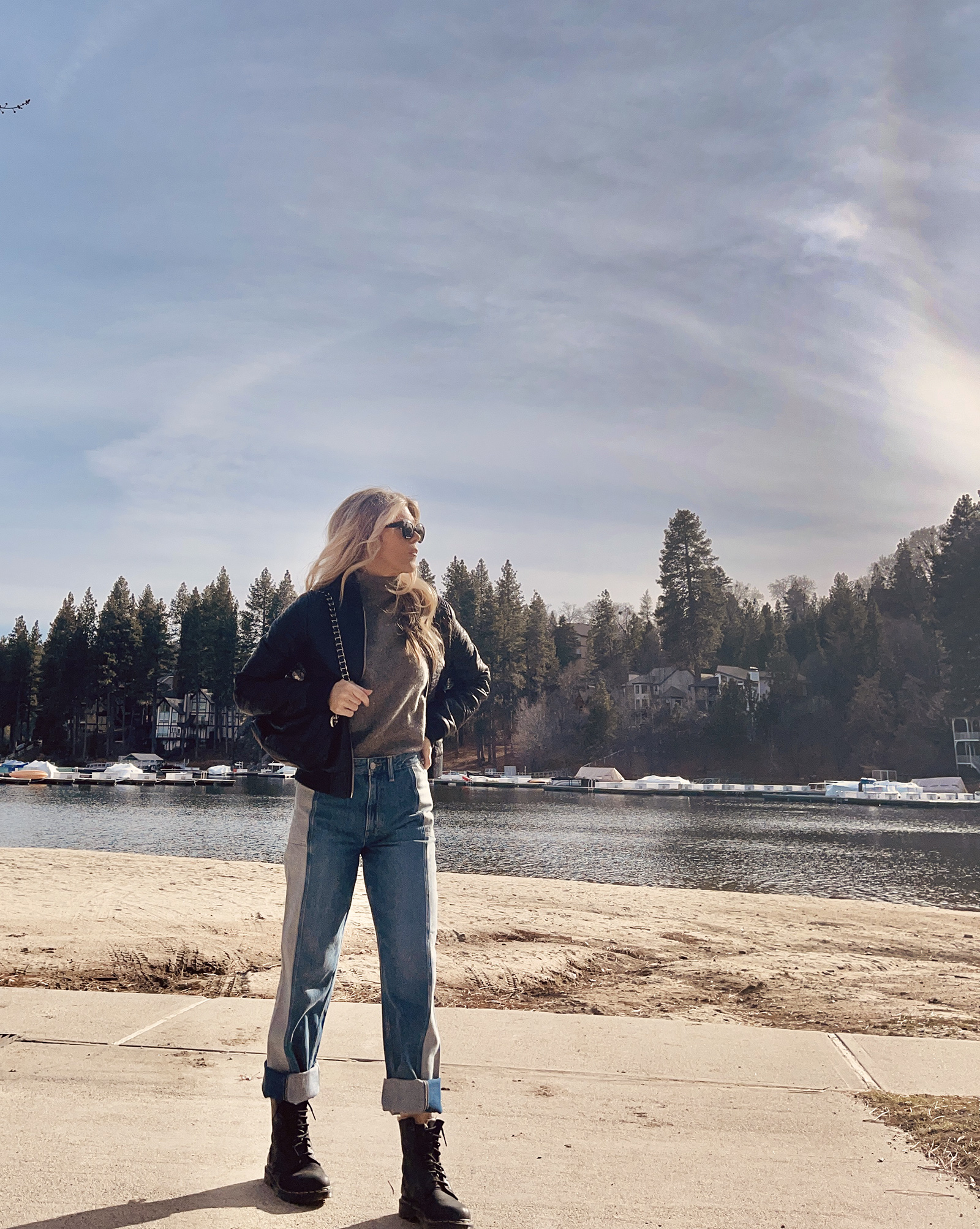 winter style, jeans and leather, denim and leather, faux leather bomber jacket, two-toned jeans, dr martens, lake arrowhead bay