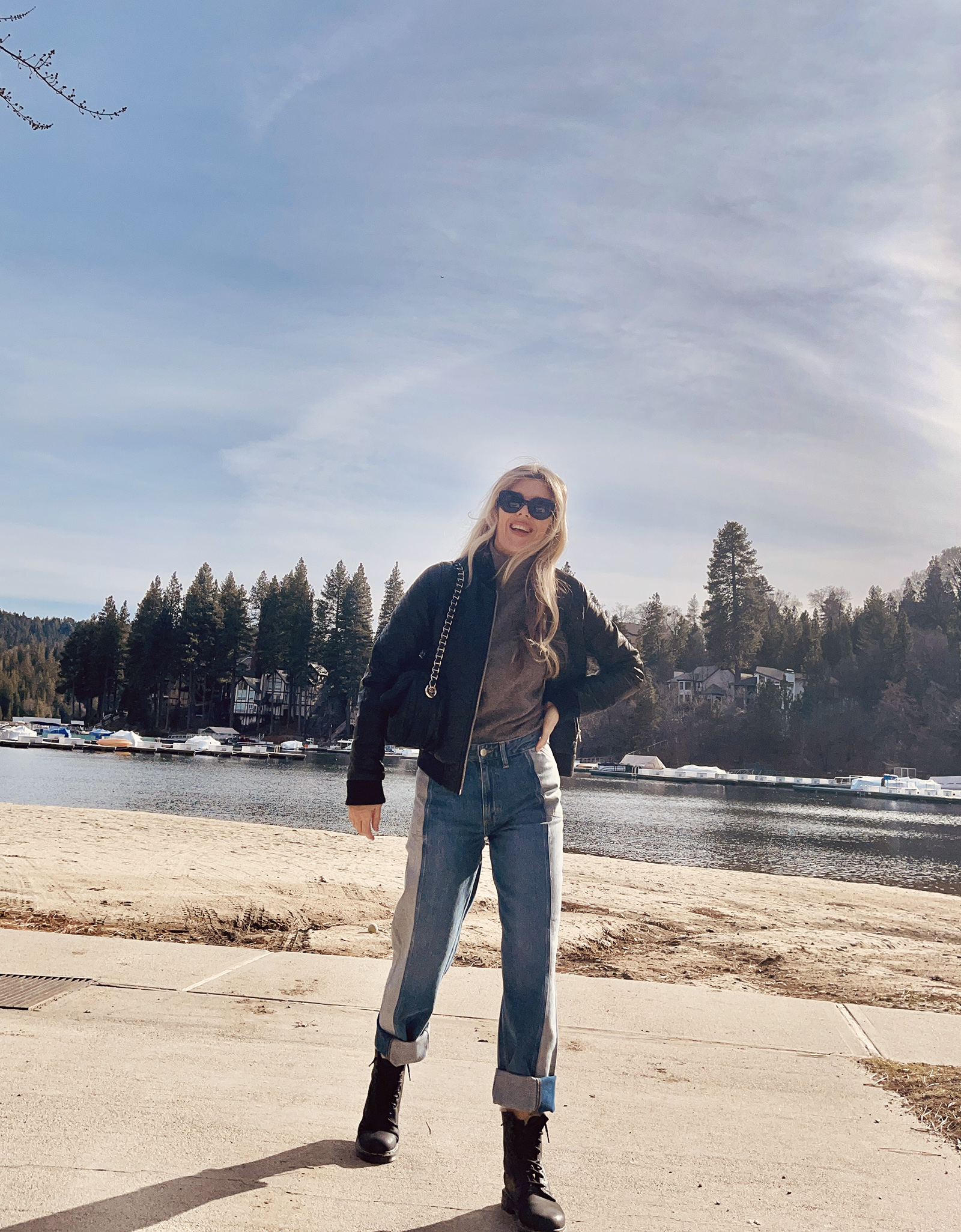 winter style, jeans and leather, denim and leather, faux leather bomber jacket, two-toned jeans, dr martens, lake arrowhead bay