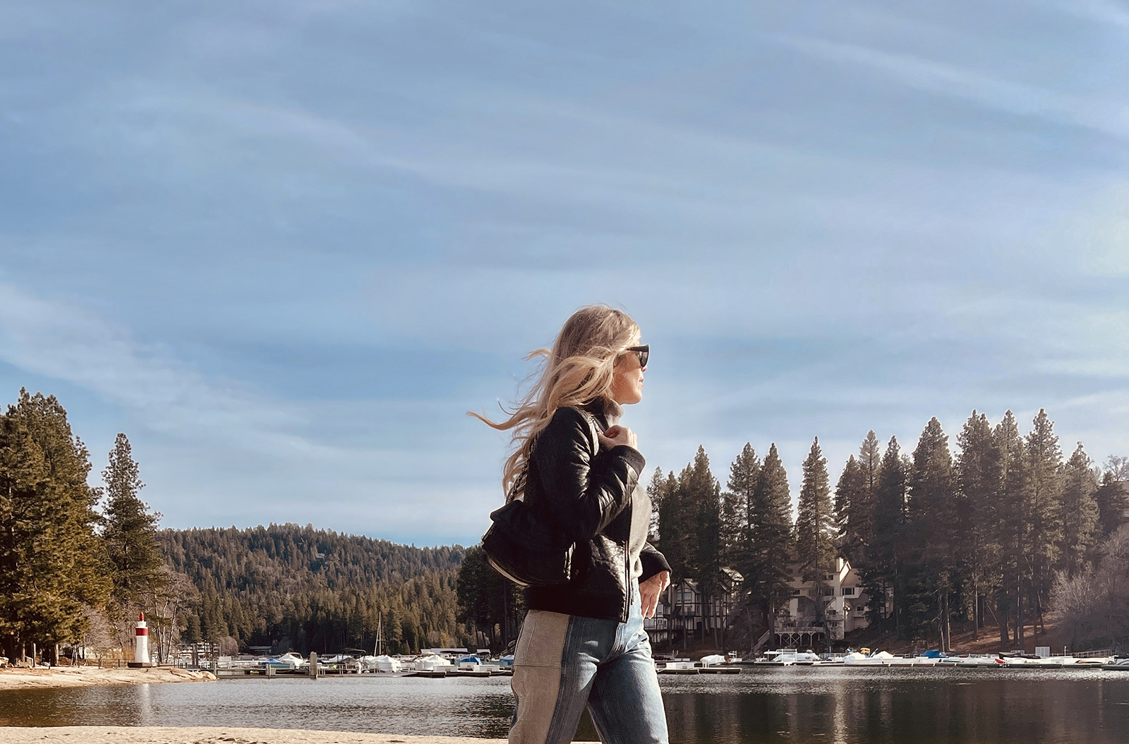 winter style, jeans and leather, denim and leather, faux leather bomber jacket, two-toned jeans, dr martens, lake arrowhead bay