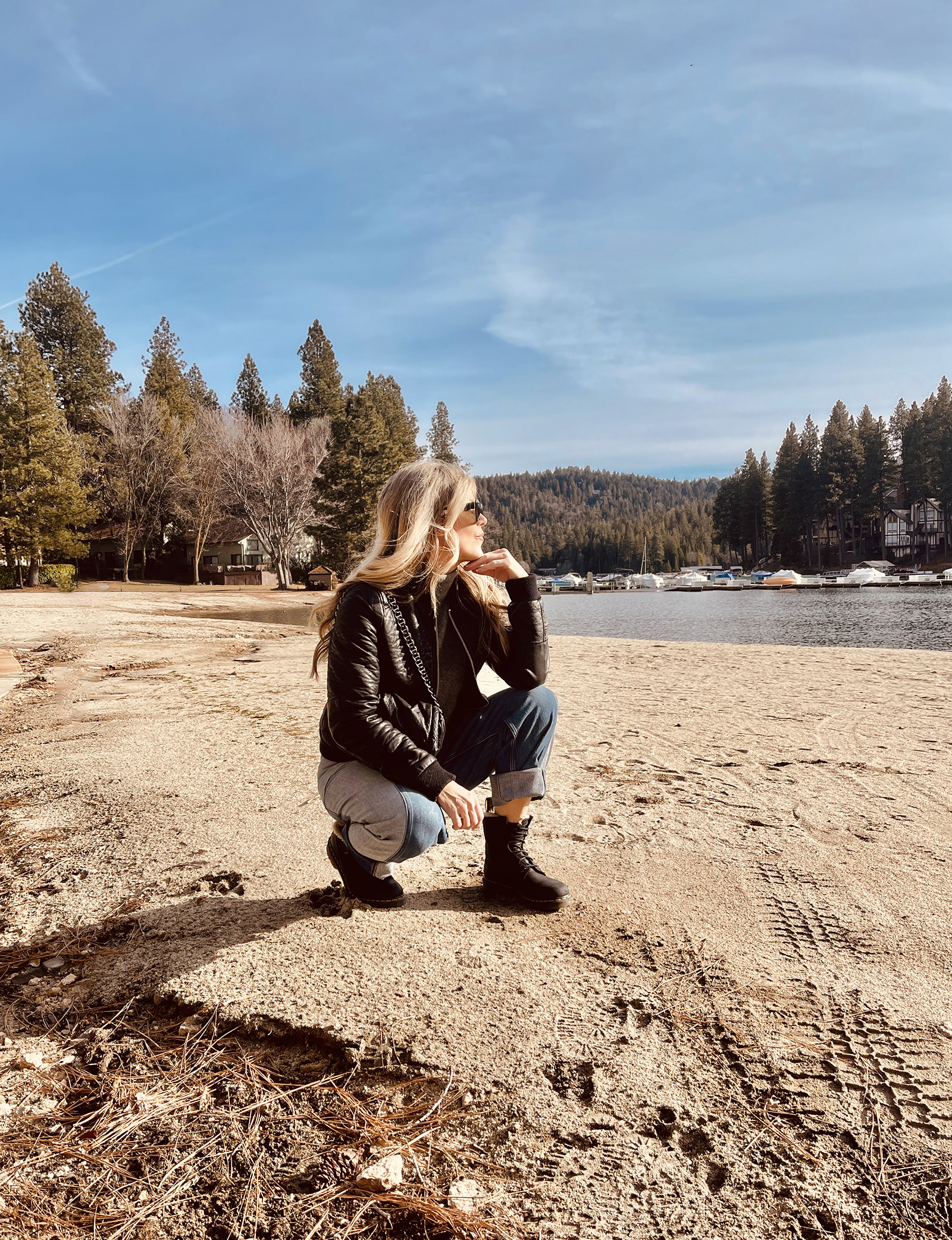 winter style, jeans and leather, denim and leather, faux leather bomber jacket, two-toned jeans, dr martens, lake arrowhead bay