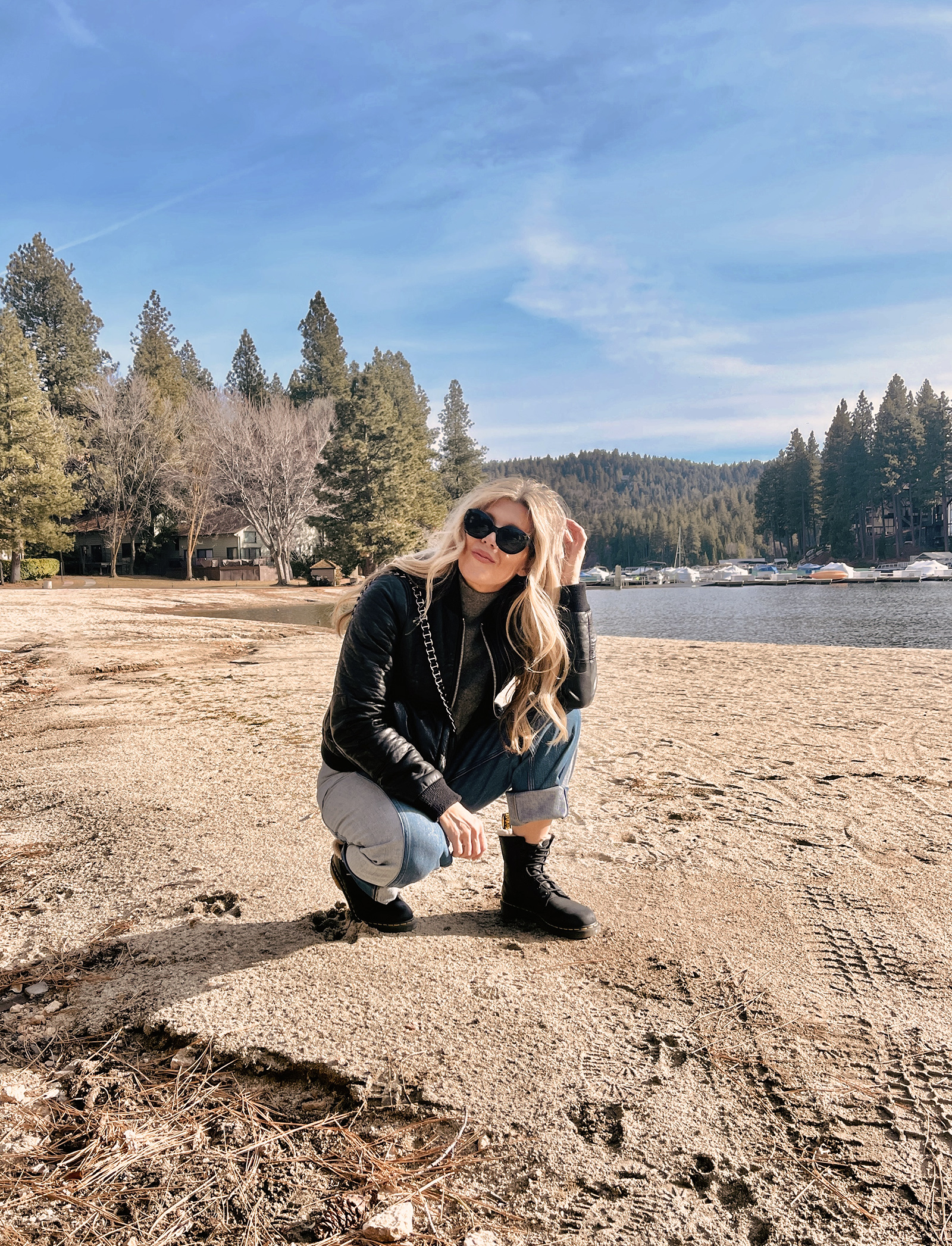 winter style, jeans and leather, denim and leather, faux leather bomber jacket, two-toned jeans, dr martens, lake arrowhead bay