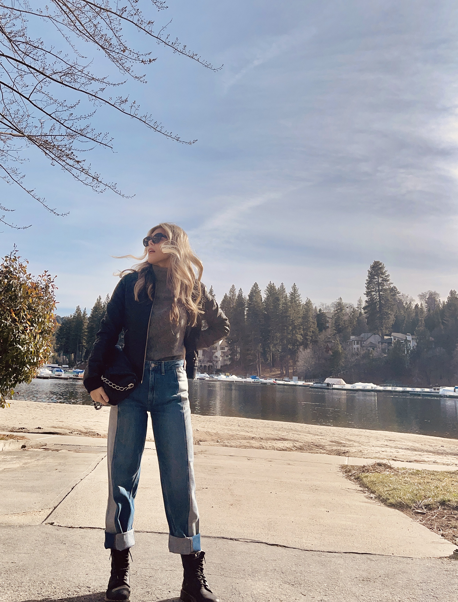 winter style, jeans and leather, denim and leather, faux leather bomber jacket, two-toned jeans, dr martens, lake arrowhead bay