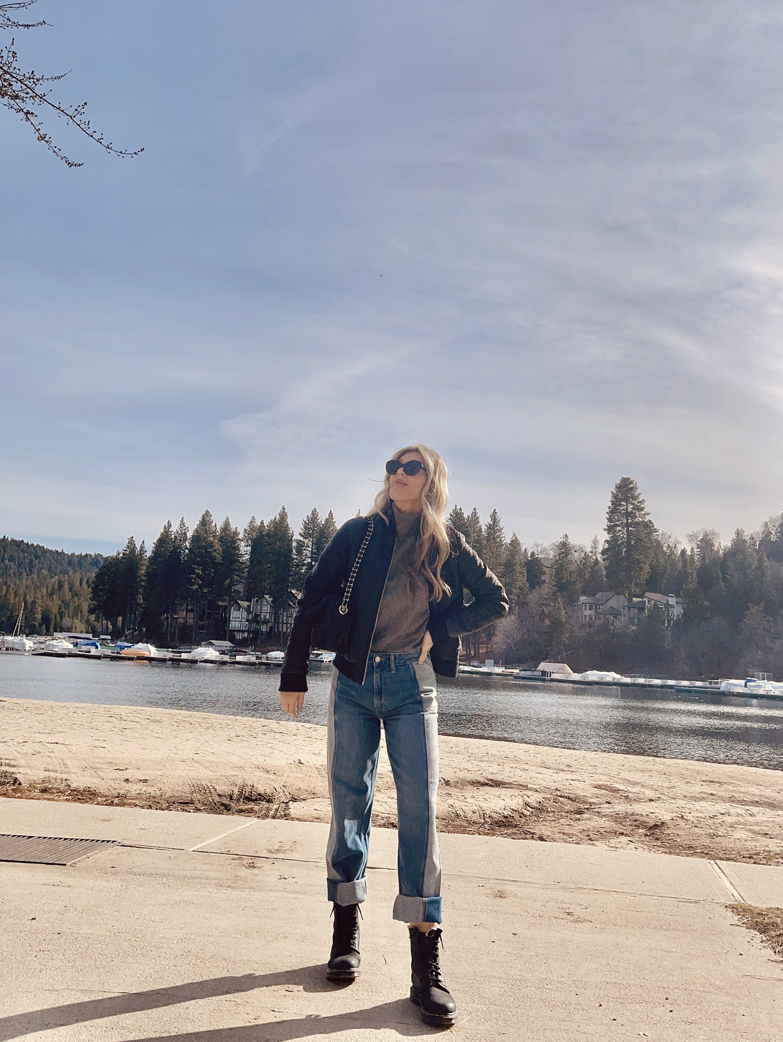 winter style, jeans and leather, denim and leather, faux leather bomber jacket, two-toned jeans, dr martens, lake arrowhead bay