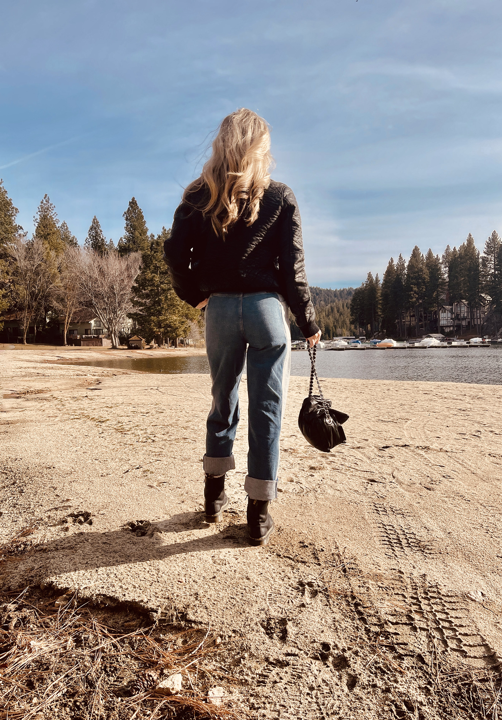 winter style, jeans and leather, denim and leather, faux leather bomber jacket, two-toned jeans, dr martens, lake arrowhead bay