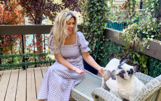 grey and white gingham dress with 90s gray pumas on the deck with the dogs