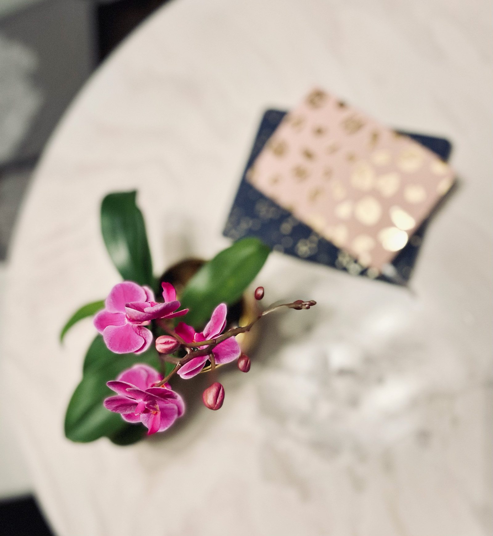 purple orchids on a table next too journals