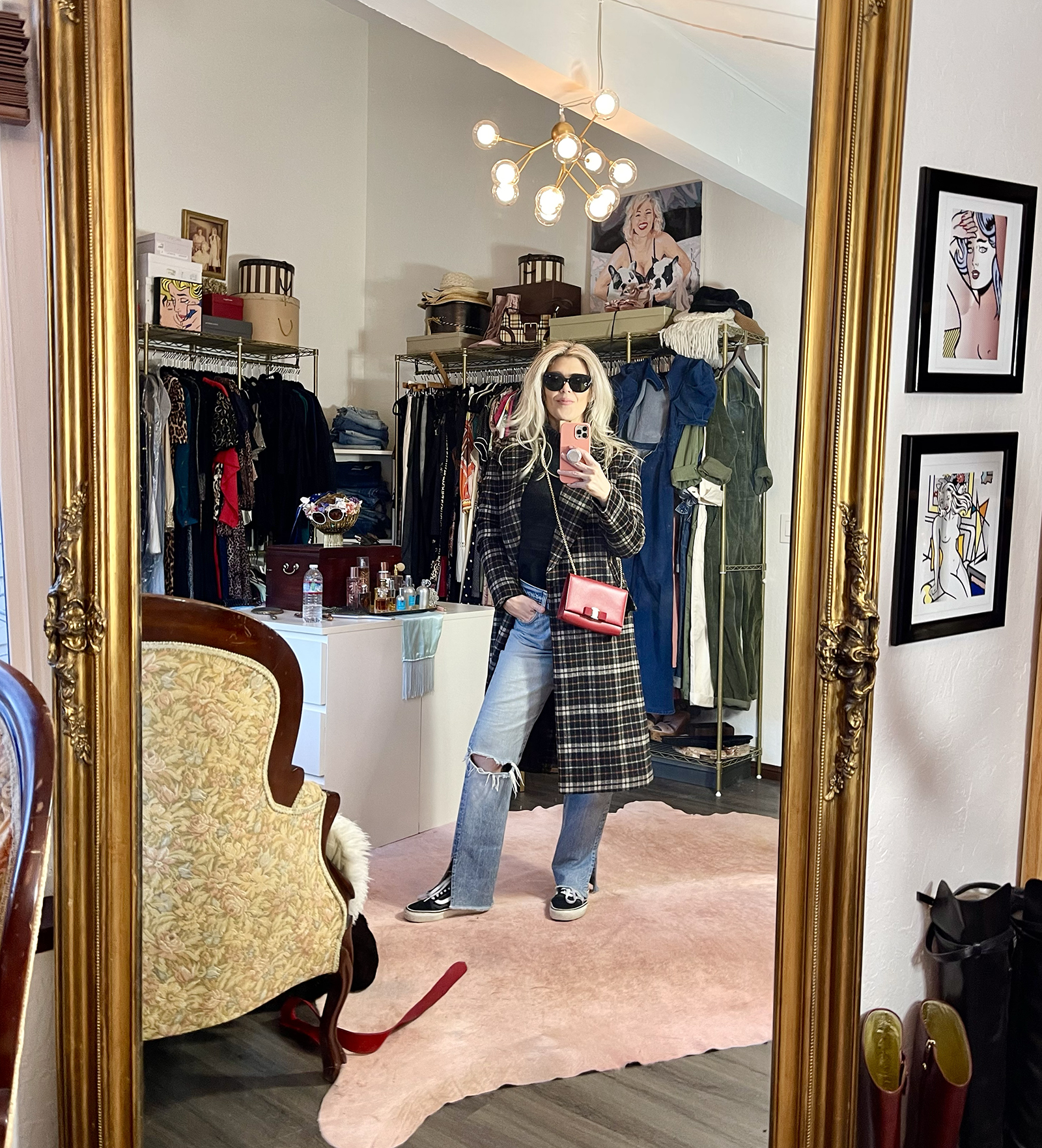 closet room mirror selfie i vintage levis with plaid jacket and sunglasses