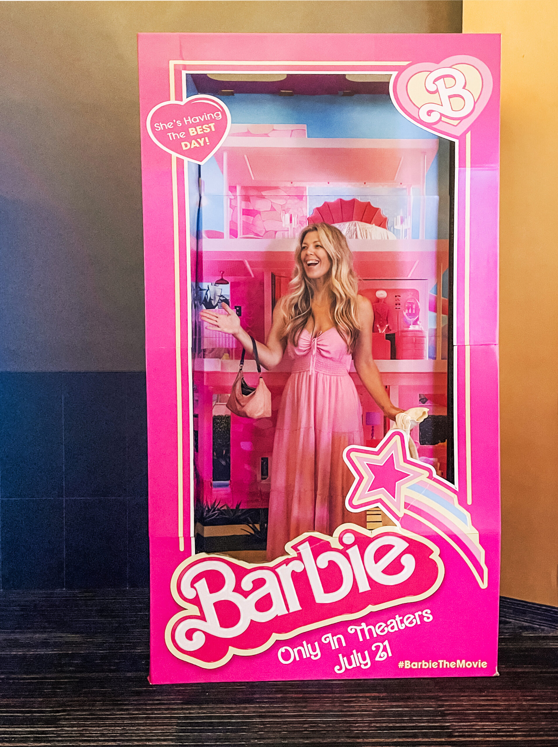 Barbie movie box, she's having the best day ever, barbie, pink dress