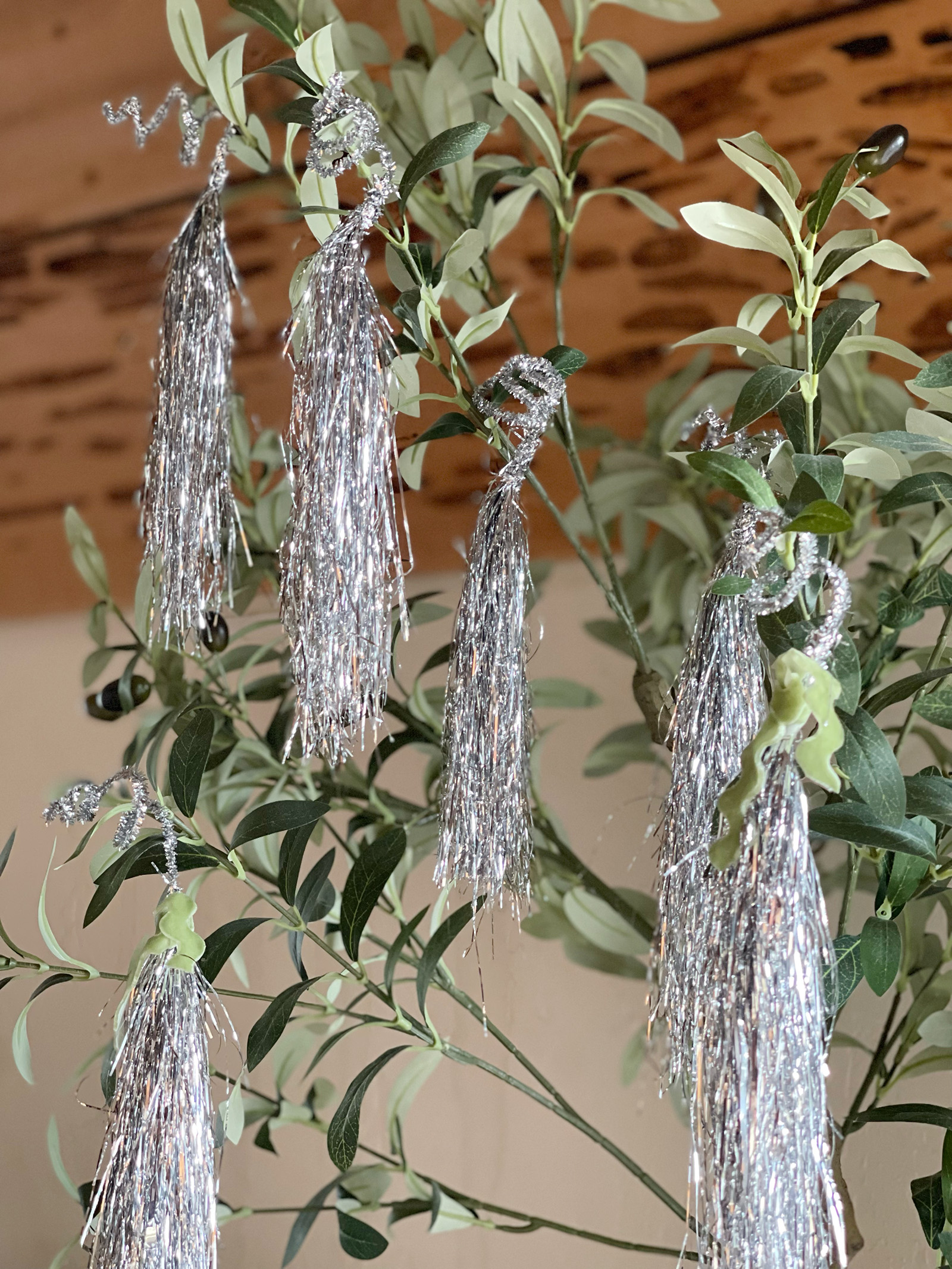 diy silver tinsel tassels Christmas tree ornaments gift wrapping toppers or wine bottle toppe