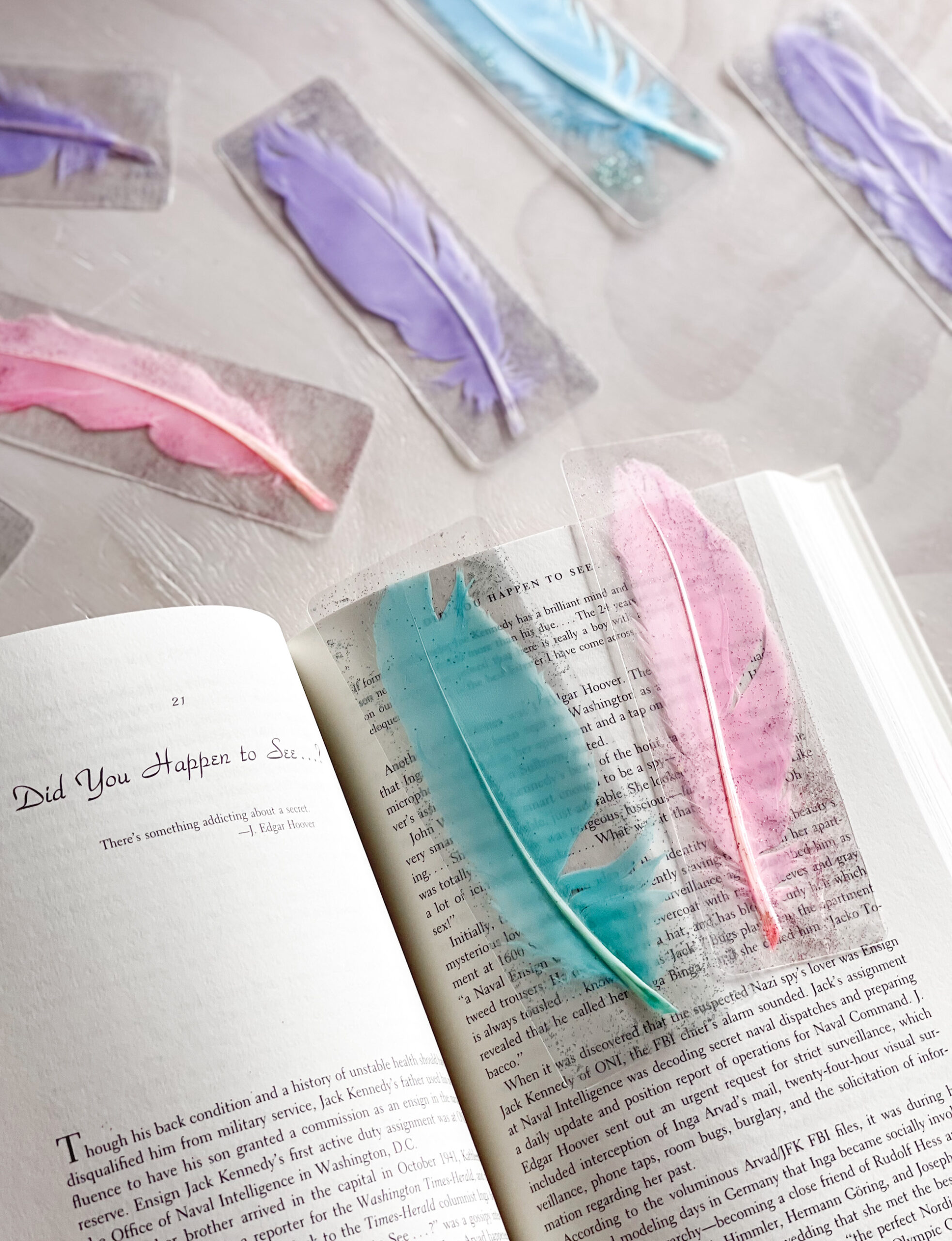 pretty feather pressed bookmarks with glitter