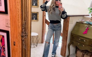 hero vintage levis jeans and black and white striped sweater with nike dunks