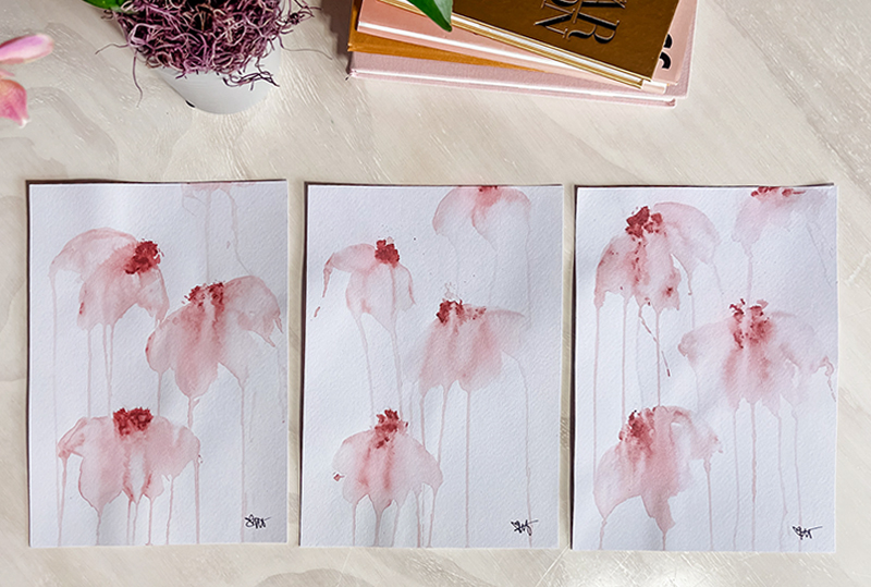 3 PINK FLOWERS TOGETHER-paintings on paper