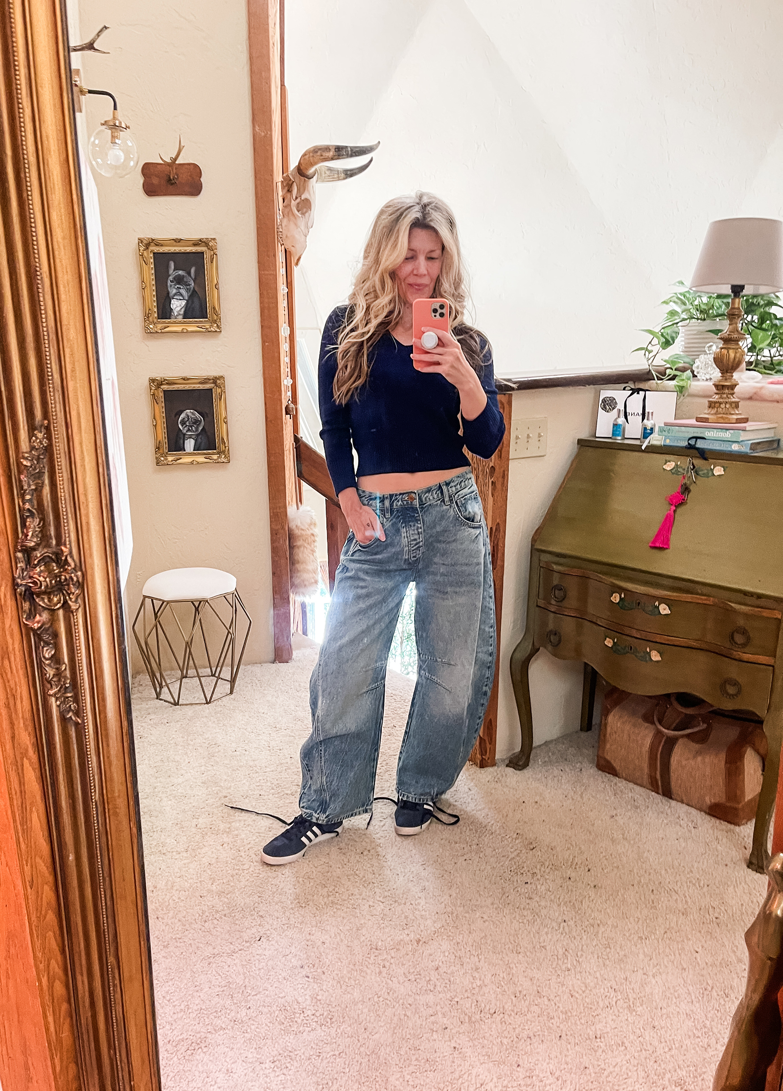 barrel jeans from free people with adidas and smort 70s sweater love maegan