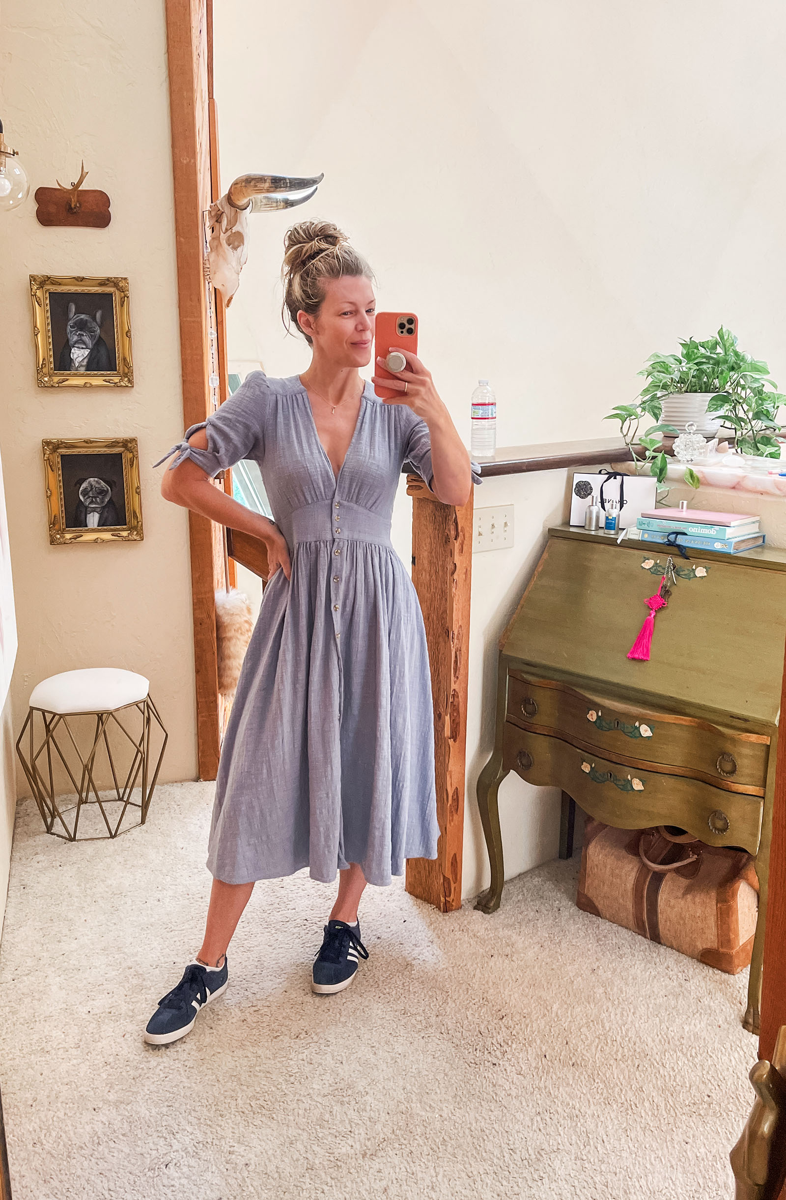 light blue long midi dress from free people with adidas, love of my life dress