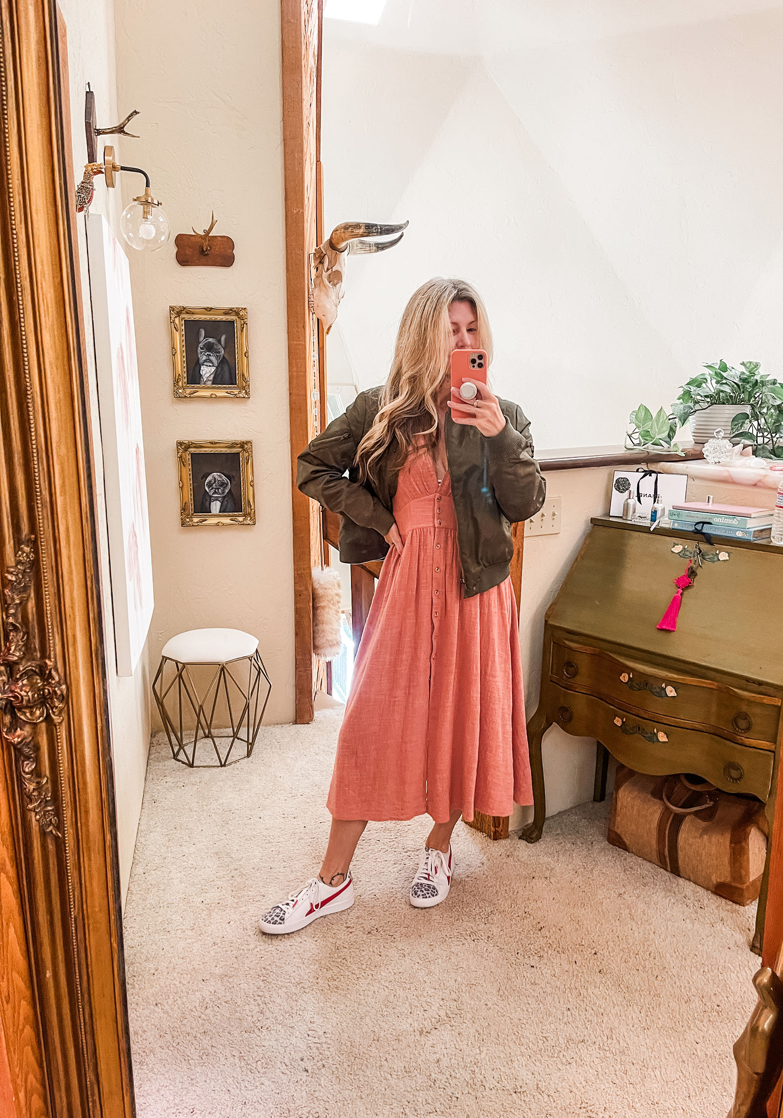 pink free people midi love of my life dress with white and red and leopard print puma sneakers tennis shoes and army green jacket