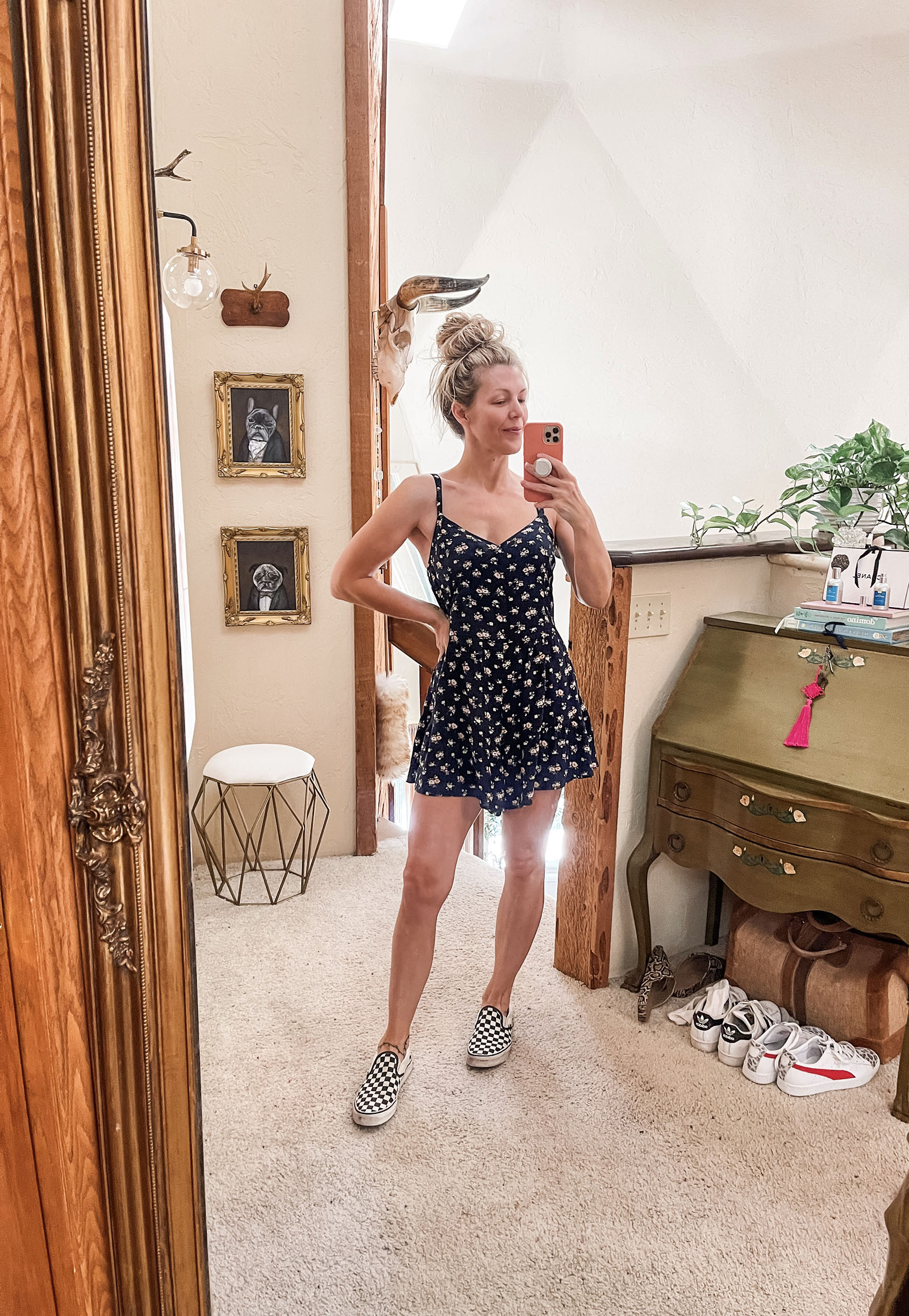 floral romper with checkered vans