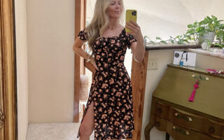 black and orange floral dress with puff sleeves love maegan new selfie mirror