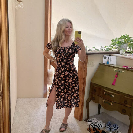 black and orange floral dress with puff sleeves love maegan new selfie mirror