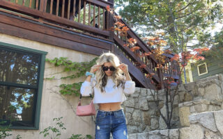 fall style cropped jeans and crop white sweatshirt vintage pink prada bag love maegan