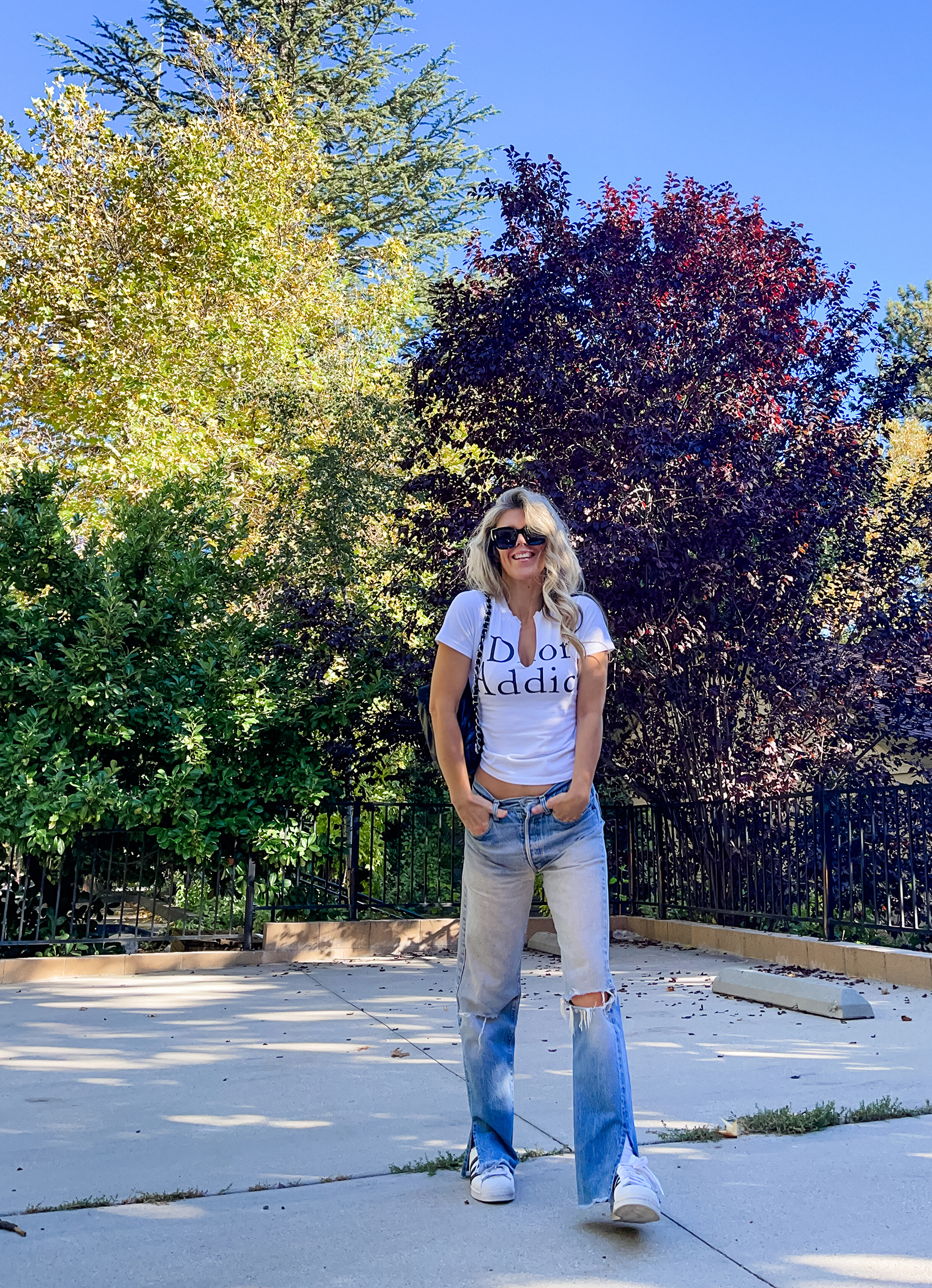 casual fall style, vintage DIOR t-shirt, Dior addict shirt, vintage Levi's, Levis jeans, Adidas superstars, retro 90s y2k fit