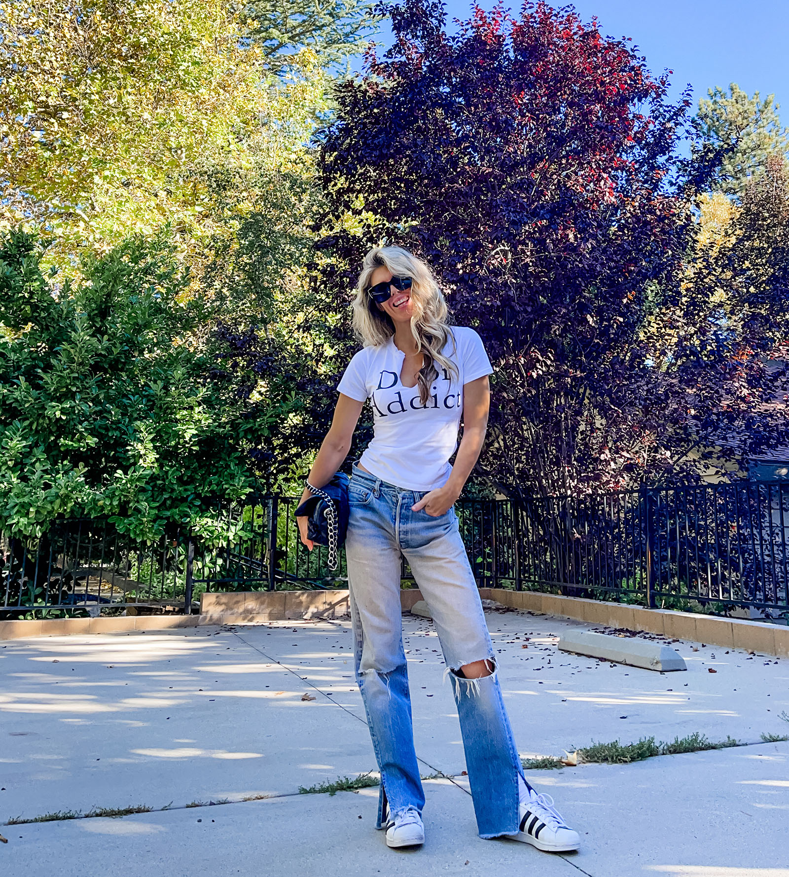 casual fall style, vintage DIOR t-shirt, Dior addict shirt, vintage Levi's, Levis jeans, Adidas superstars, retro 90s y2k fit