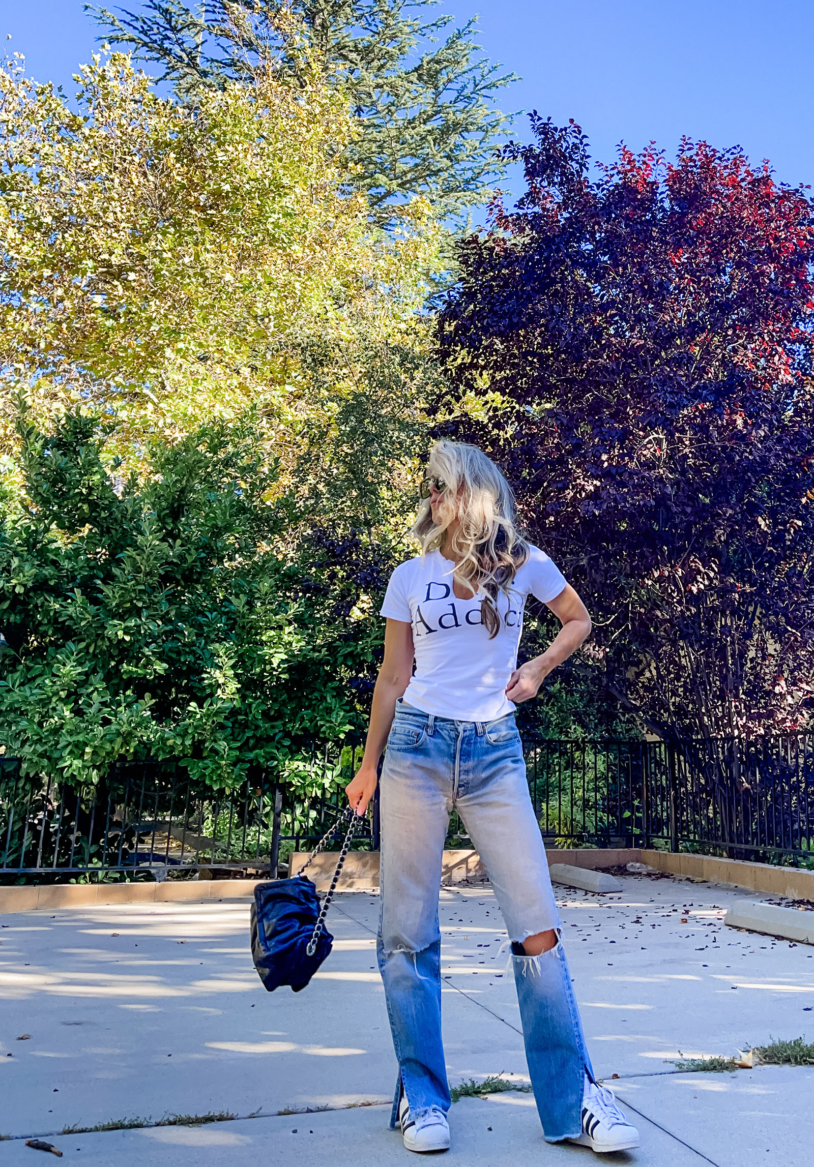 casual fall style, vintage DIOR t-shirt, Dior addict shirt, vintage Levi's, Levis jeans, Adidas superstars, retro 90s y2k fit