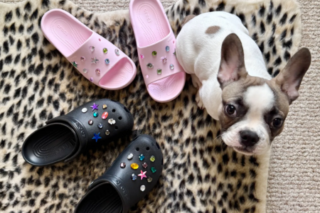 Bedazzled Crocs- DIY Gemstone Jibbitz Crystal Shoe Charms Tutorial with baby Churchill frenchie puppy on leopard print rug