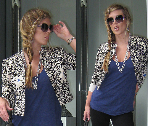 Front long french braid + floral jacket + black and blue