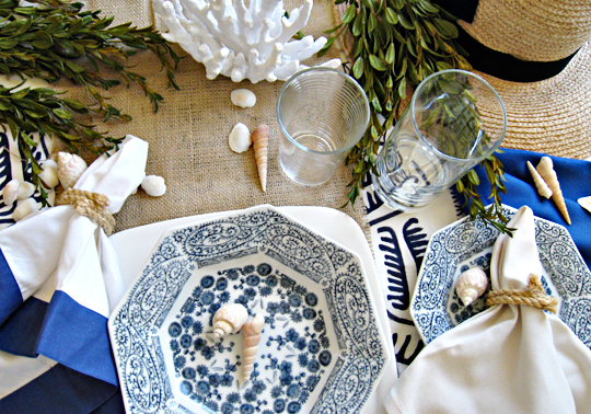 DIY Rope Napkin Rings -Nautical Blue and white Table setting