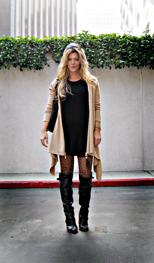 layered knits-leopard tights-over the knee boots