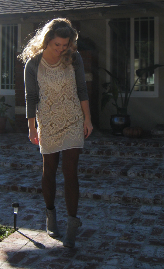 ivory dress-brown tights-gray boots and cardigan