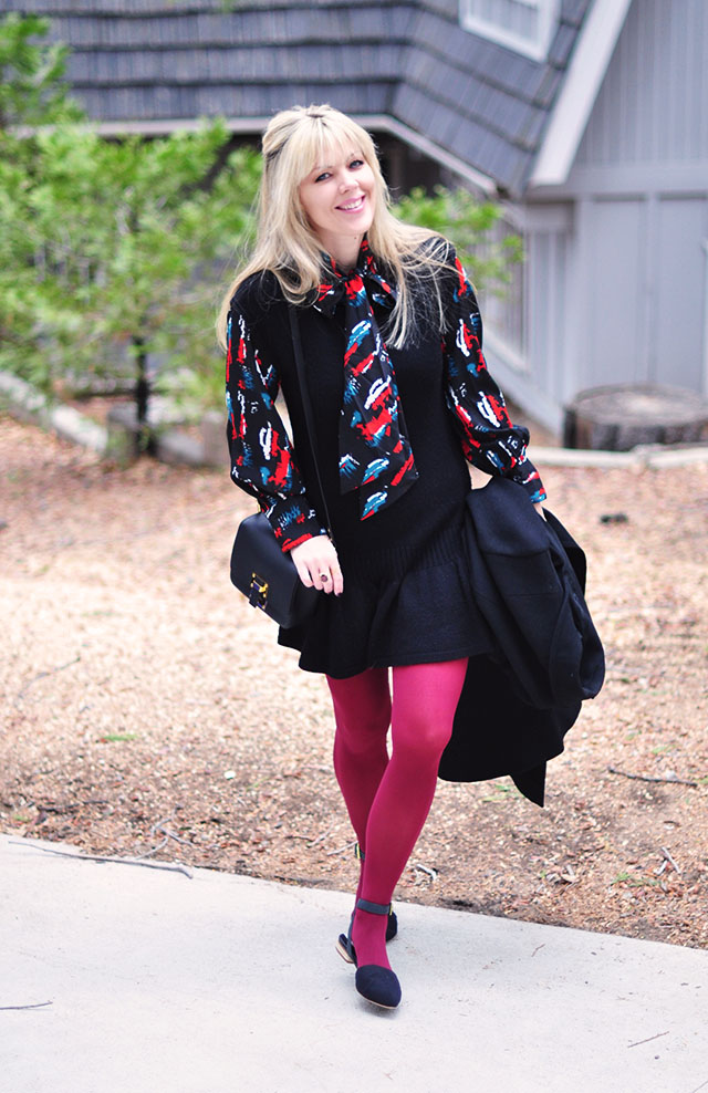 60s sweater dress with burgundy tights