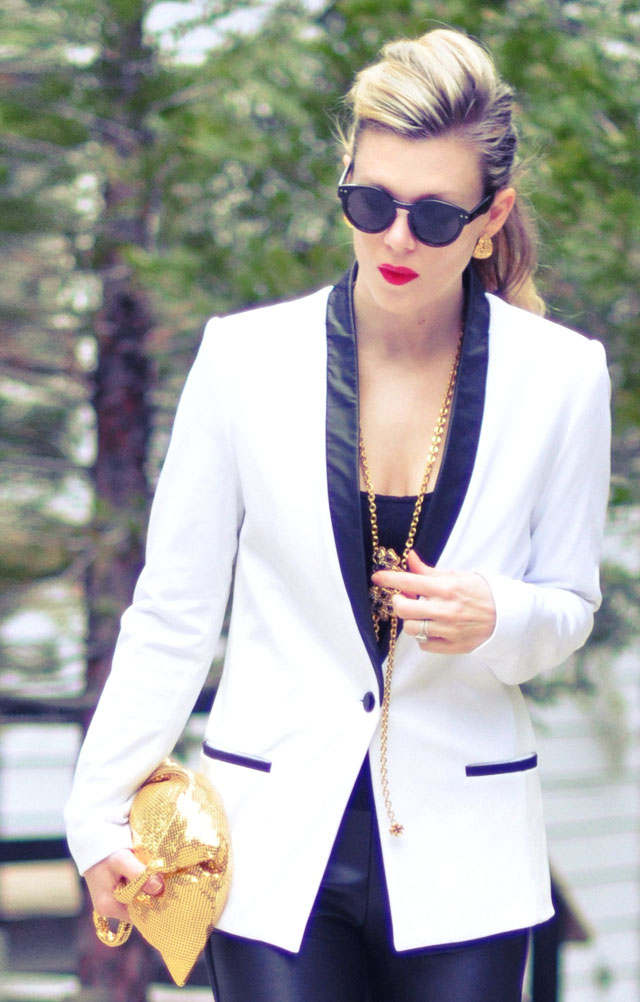 90s look-white blazer- 2 red lips-gold accessories