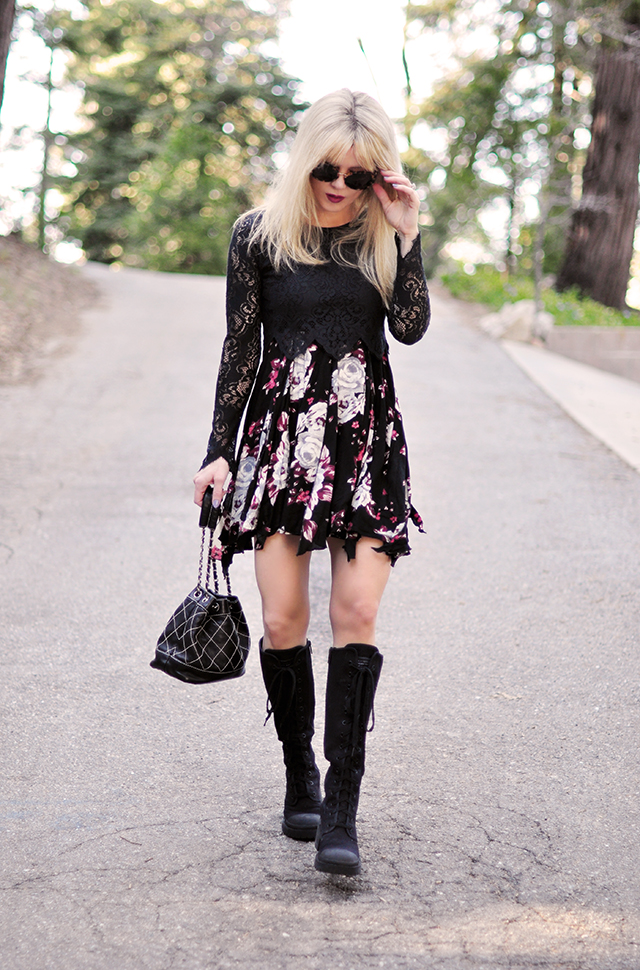 90s style_floral dress_lace crop top_combat boots_chanel bag