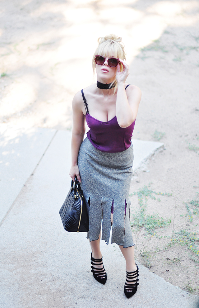 Carwash pleat skirt_burgundy slip_velvet strappy heels