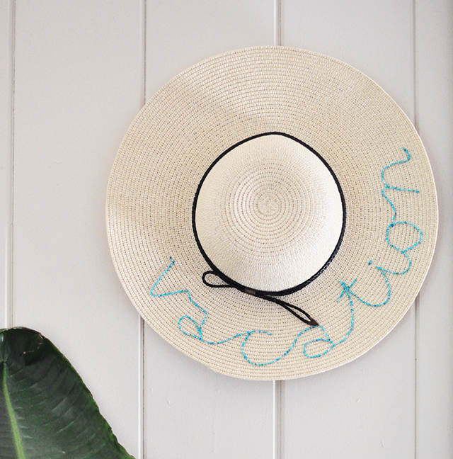DIY Embroidered Summer Sunhat, sun hat with text on it