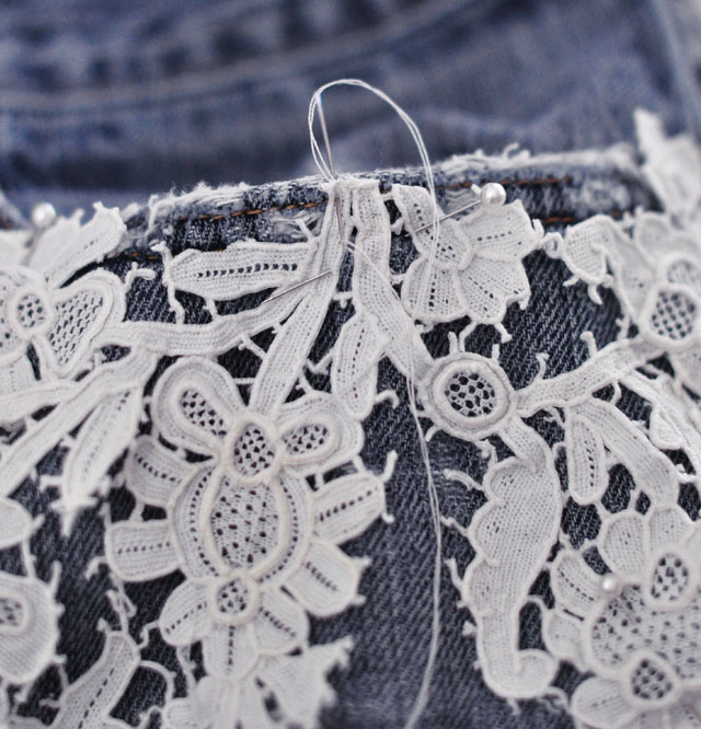 DIY Lace embroidered jean shorts-4