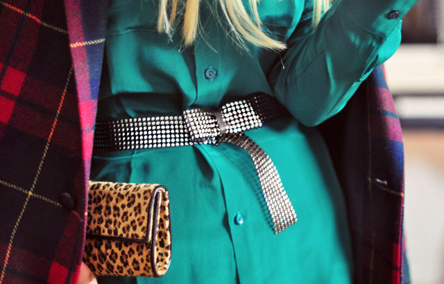 DIY Metallic studded bow belt- plaid clutch