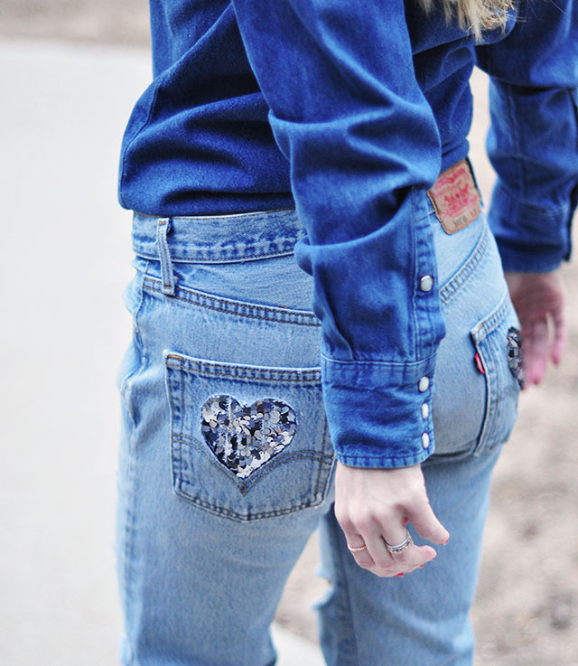 DIY Sequined heart cut out pockets _ levis 501