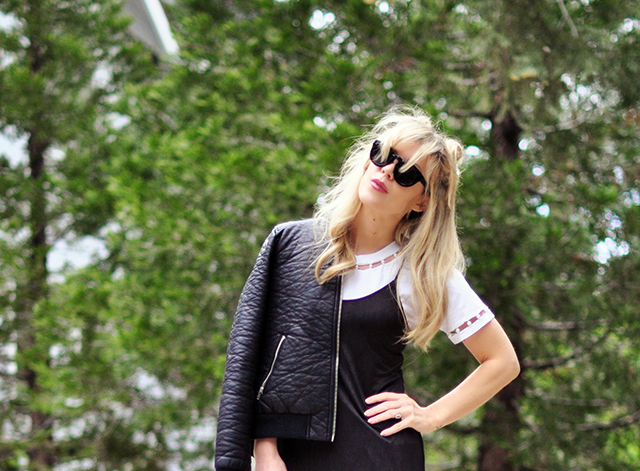 DIY t-shirt+black dress+bomber jacket