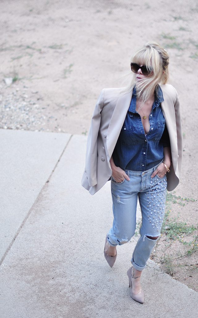 Denim on denim_pearl embellished jeans_neutral blazer