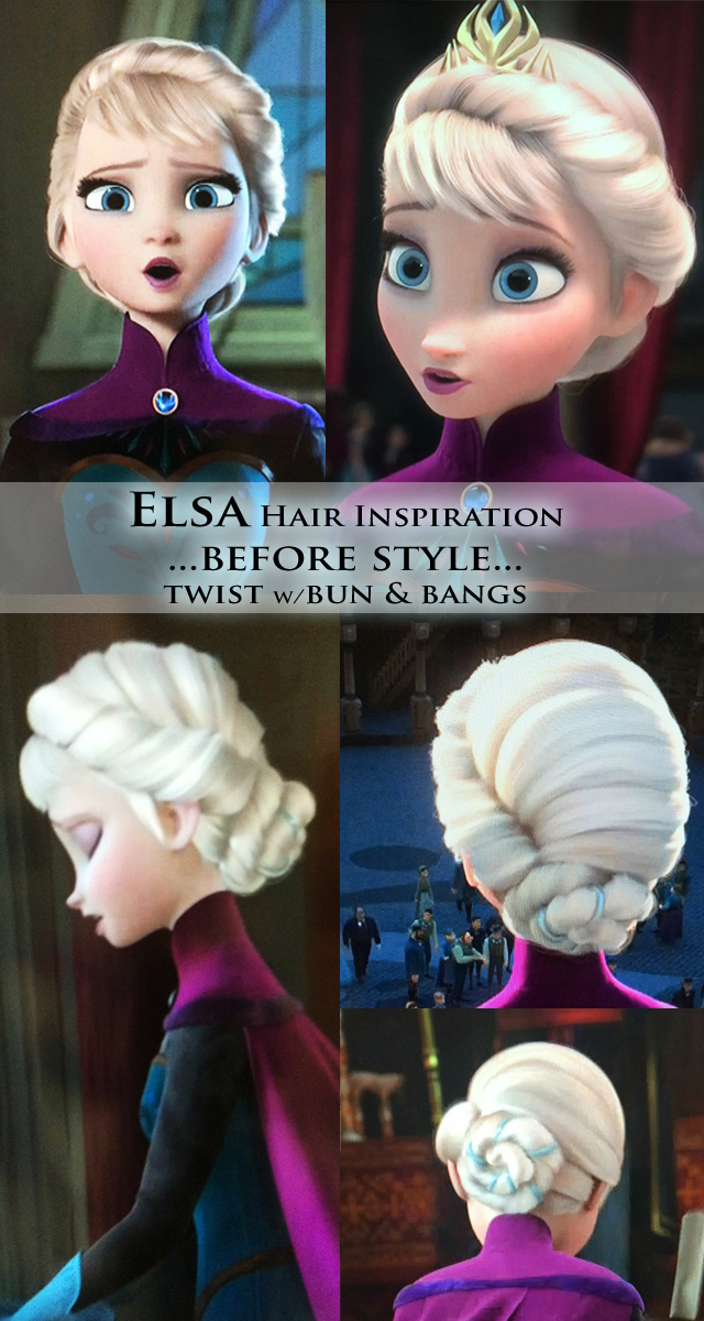 Elsa hair inspiration from movie stills -before hair - twist with bun and bangs
