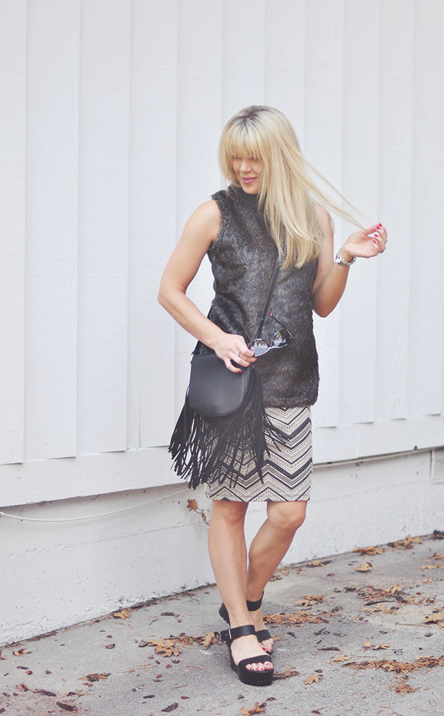 Faux fur vest_chevron dress_fringe bag-1