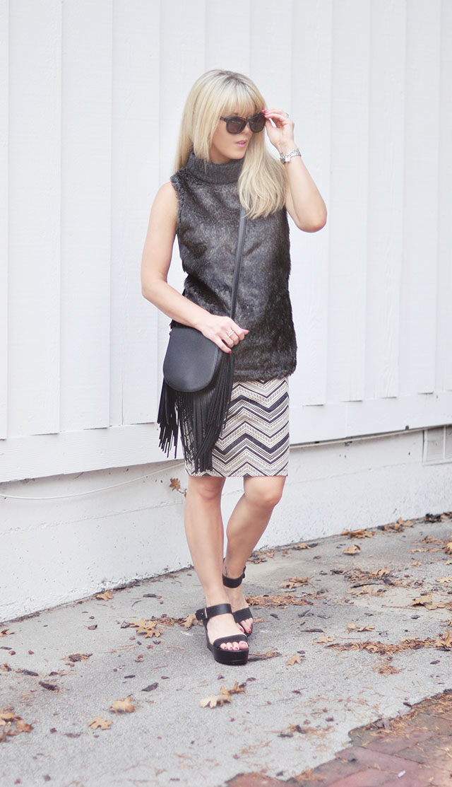 Faux fur vest_chevron dress_fringe bag-2