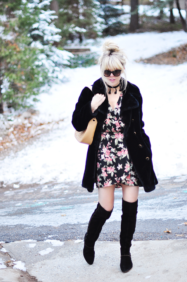 Floral wrap dress_vintage coat_suede boots_chanel bag_style in the snow