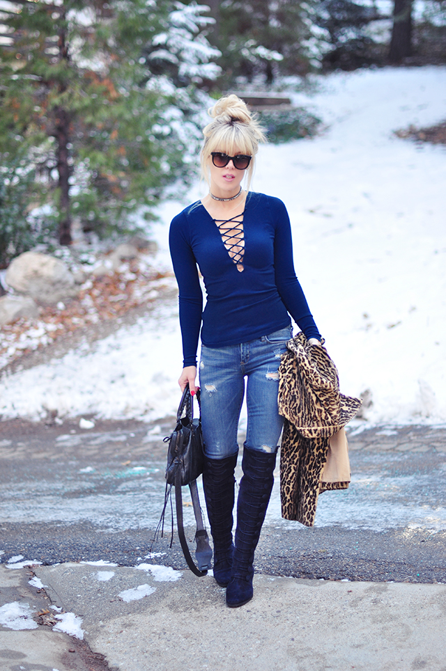 Lace up top_over the knee boots_jeans_winter style