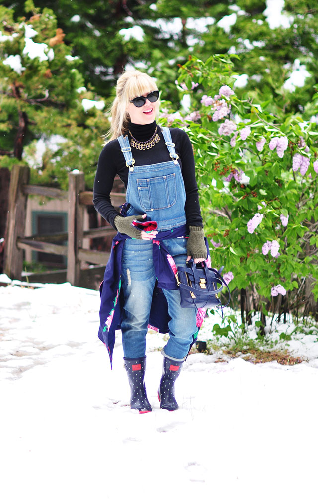 Overalls and polka dot boots in the snow