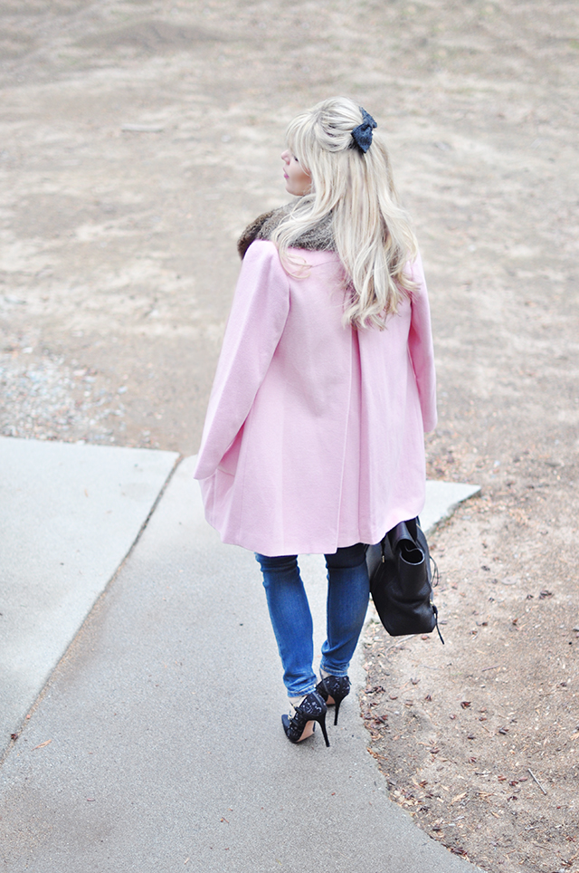 Pink coat_Jeans_black heels